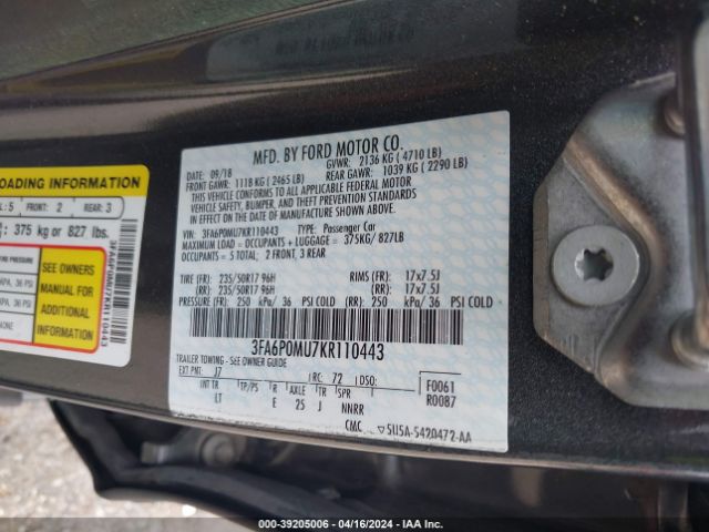 3FA6P0MU7KR110443 Ford Fusion Hybrid Sel