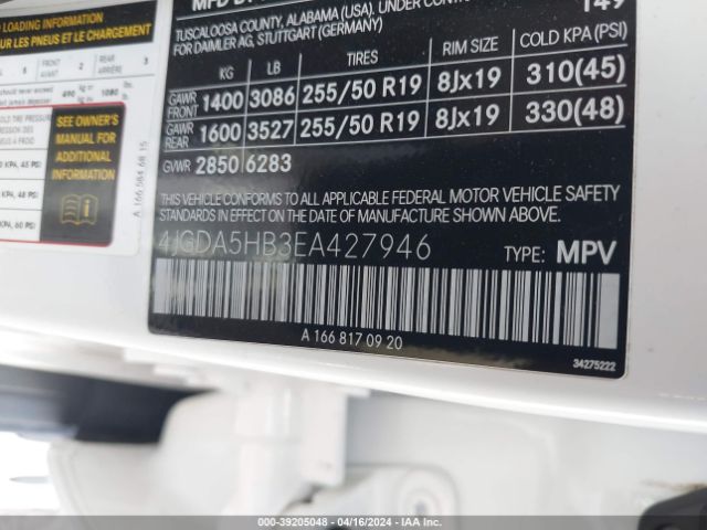 4JGDA5HB3EA427946 Mercedes-Benz Ml 350 4matic