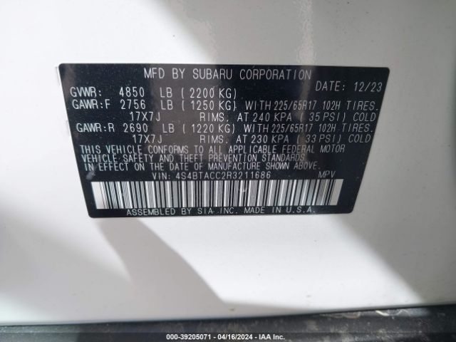 4S4BTACC2R3211686 Subaru Outback Premium