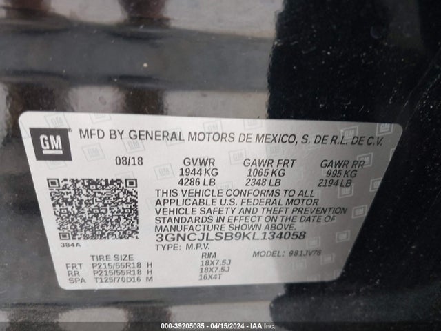 Chevrolet Trax Lt 2019 3GNCJLSB9KL134058 Image 9