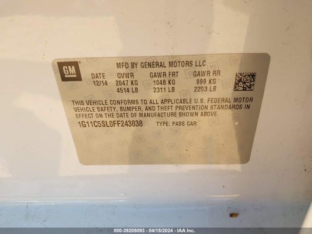 Chevrolet MALIBU 1LT 2015 1G11C5SL0FF243838 Image 9