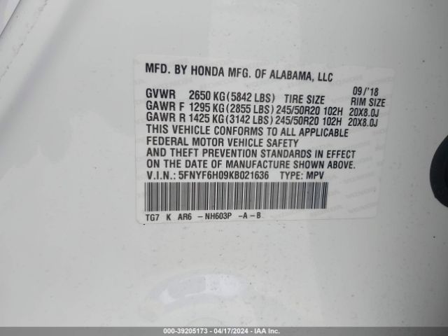 5FNYF6H09KB021636 Honda Pilot Elite