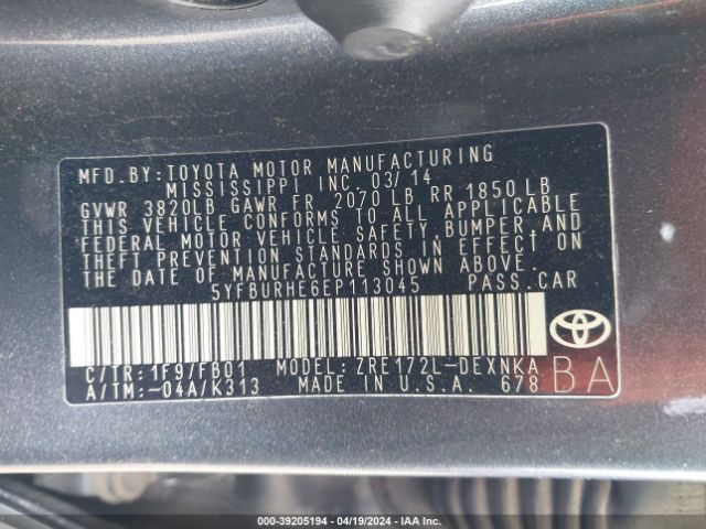 5YFBURHE6EP113045 Toyota COROLLA LE