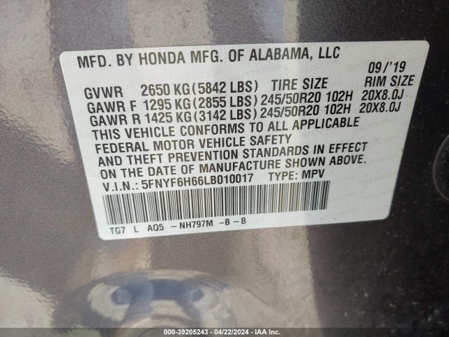 Honda Pilot Awd Touring 7 Passenger 2020 5FNYF6H66LB010017 Image 9