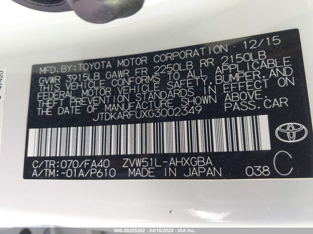 Toyota Prius Three 2016 JTDKARFUXG3002349 Image 9