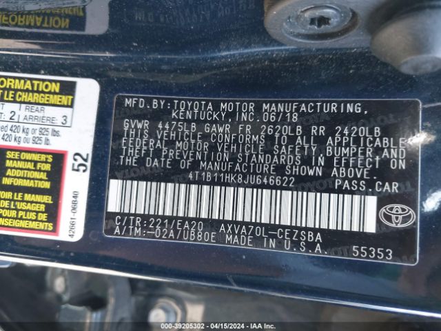 4T1B11HK8JU646622 Toyota CAMRY SE