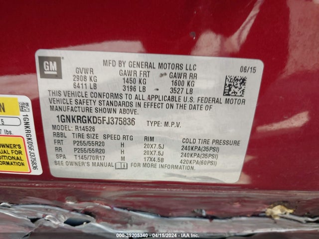 Chevrolet Traverse 1lt 2015 1GNKRGKD5FJ375836 Image 9