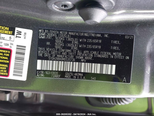 Toyota Highlander Xle 2021 5TDHZRBH0MS535736 Image 9
