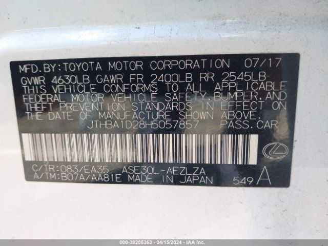 JTHBA1D28H5057857 Lexus IS 200T