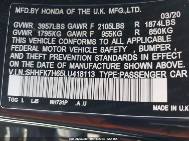 SHHFK7H65LU418113 Honda CIVIC EX