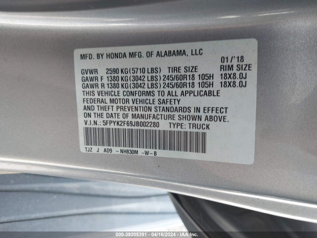 Honda Ridgeline Rtl-t 2018 5FPYK2F69JB002280 Image 9