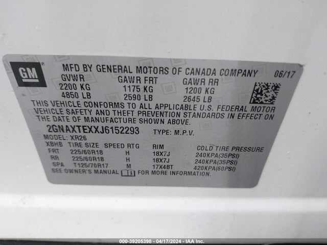 Chevrolet EQUINOX LT 2018 2GNAXTEXXJ6152293 Image 9
