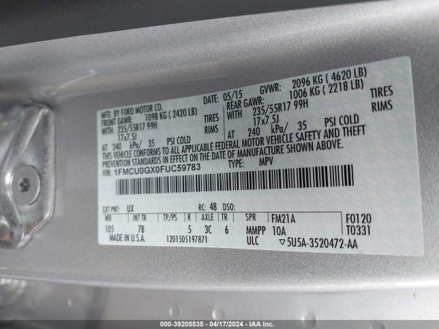 Ford ESCAPE SE 2015 1FMCU0GX0FUC59783 Image 9