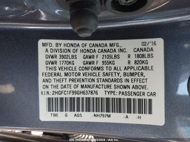 Honda Civic Touring 2016 2HGFC1F99GH637876 Image 9