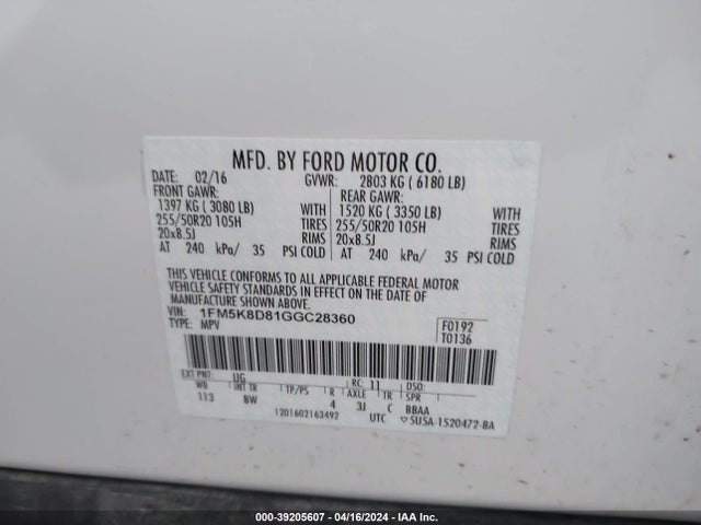 Ford EXPLORER XLT 2016 1FM5K8D81GGC28360 Image 9