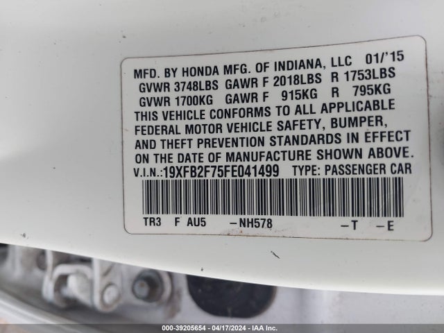 Honda CIVIC SE 2015 19XFB2F75FE041499 Image 9