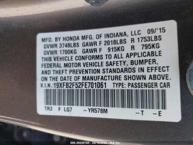 Honda Civic Lx 2015 19XFB2F52FE701061 Image 9