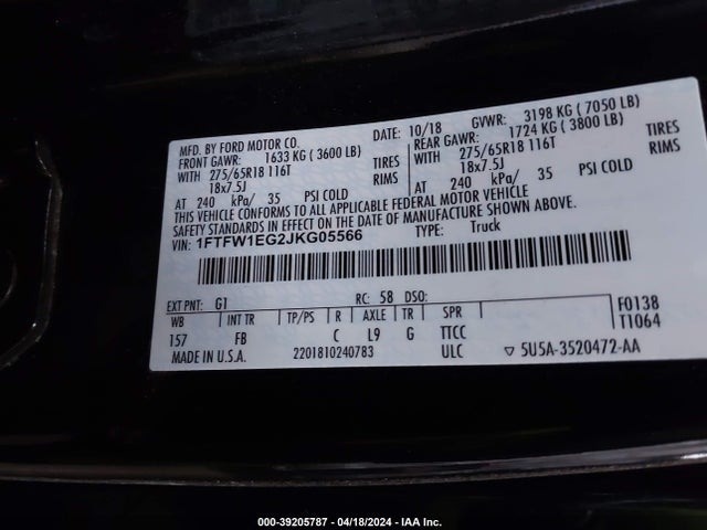 1FTFW1EG2JKG05566 Ford F-150 Xlt