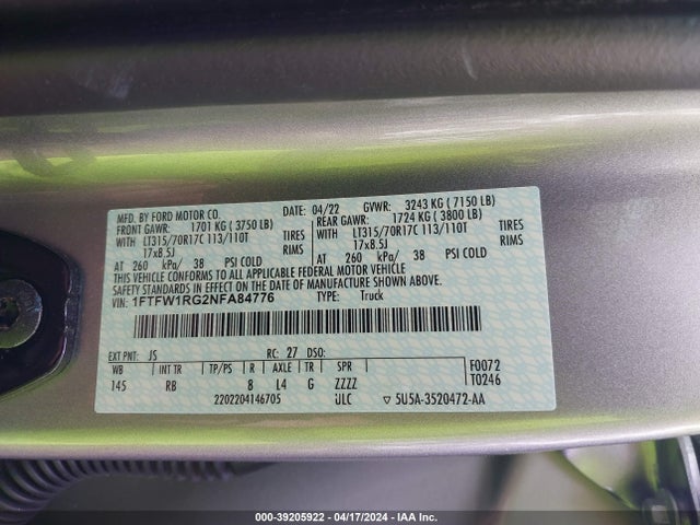 Ford F-150 Raptor 2022 1FTFW1RG2NFA84776 Image 9