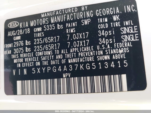 KIA Sorento 2.4l Lx 2019 5XYPG4A37KG513415 Image 9