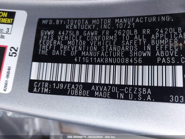Toyota CAMRY SE 2022 4T1G11AK8NU008456 Image 9