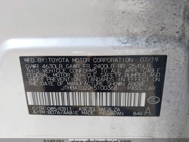 Lexus IS 300 2019 JTHBA1D22K5100368 Image 9