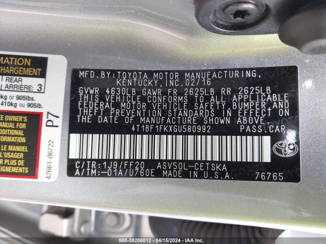 Toyota CAMRY SE 2016 4T1BF1FKXGU580992 Image 9