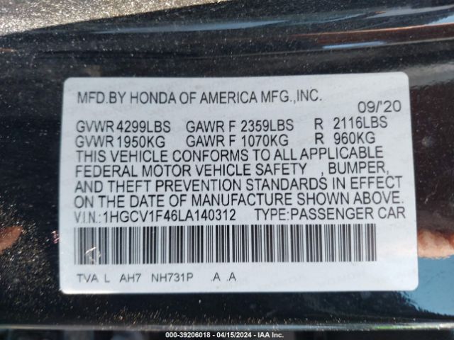 1HGCV1F46LA140312 Honda ACCORD EX