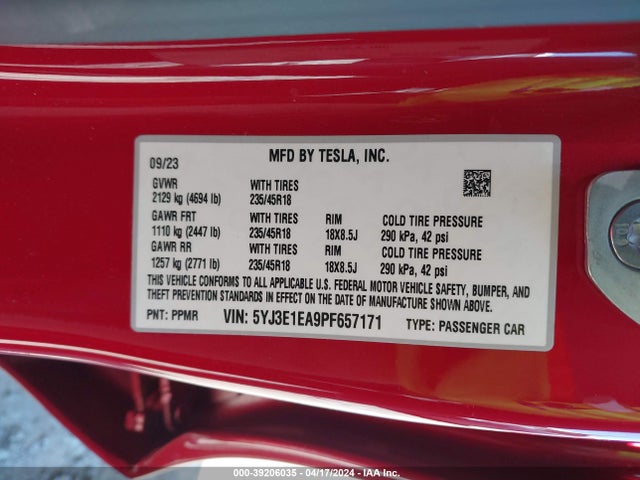 Tesla Model 3 Rear-wheel Drive 2023 5YJ3E1EA9PF657171 Image 9