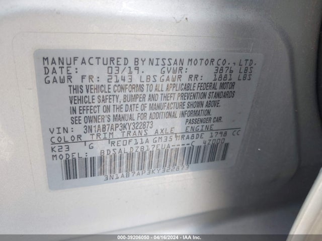 Nissan SENTRA SV 2019 3N1AB7AP3KY322873 Image 9