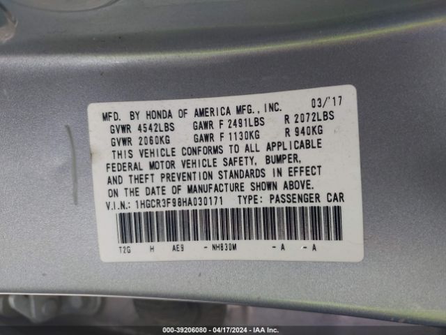 1HGCR3F98HA030171 Honda Accord Touring V6