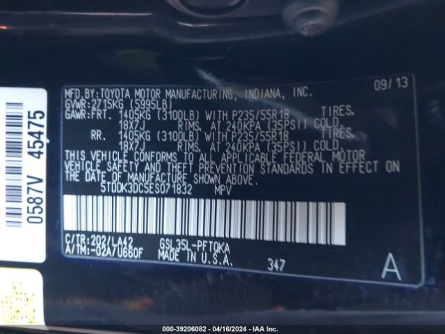 5TDDK3DC5ES071832 Toyota Sienna Limited 7 Passenger