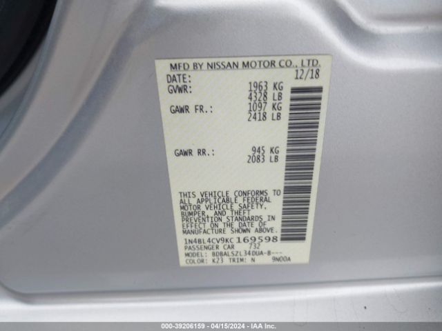 1N4BL4CV9KC169598 Nissan Altima 2.5 Sr