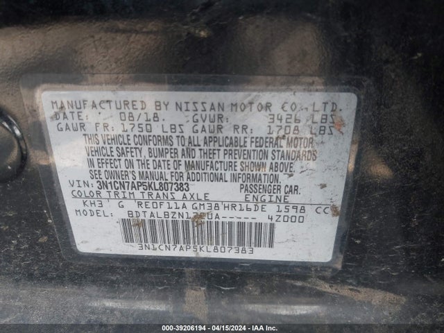 Nissan Versa 1.6 Sv 2019 3N1CN7AP5KL807383 Image 9