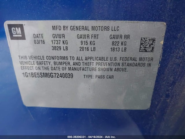 Chevrolet Cruze Lt Auto 2016 1G1BE5SM6G7240039 Image 9