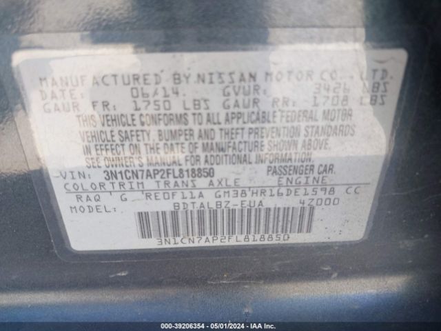 3N1CN7AP2FL818850 Nissan Versa 1.6 S/1.6 S+/1.6 Sl/1.6 Sv
