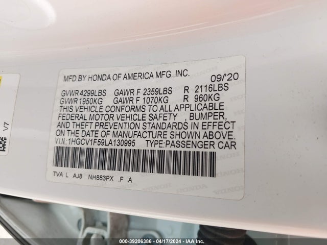 Honda Accord Ex-l 2020 1HGCV1F59LA130995 Image 9