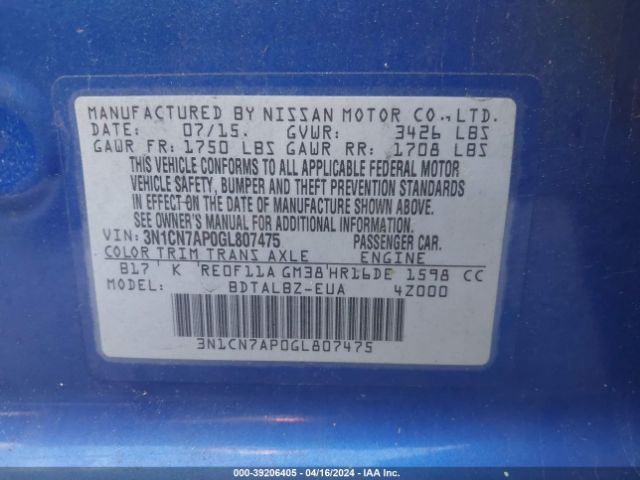 3N1CN7AP0GL807475 Nissan Versa 1.6 S/1.6 S+/1.6 Sl/1.6 Sv