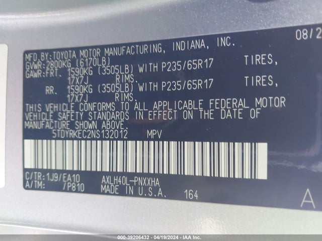 Toyota SIENNA XLE 2022 5TDYRKEC2NS132012 Image 9