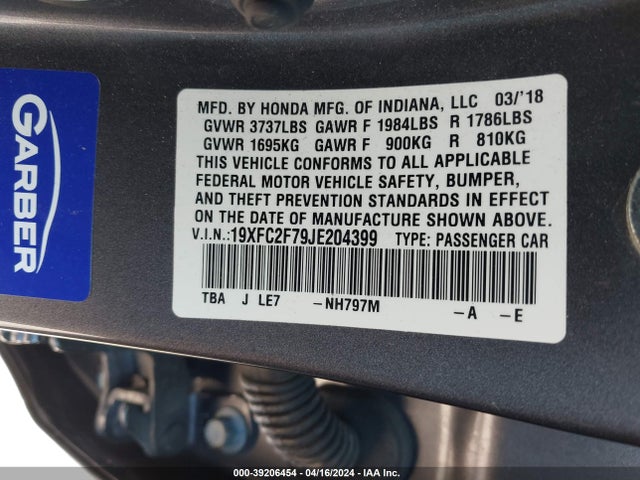 Honda CIVIC EX 2018 19XFC2F79JE204399 Image 9