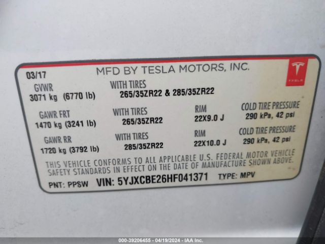 5YJXCBE26HF041371 Tesla Model X 100d/75d/90d