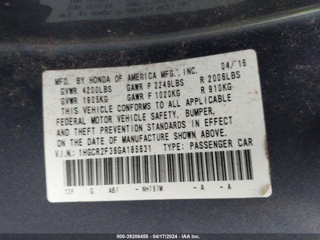 Honda ACCORD LX 2016 1HGCR2F36GA185631 Image 9