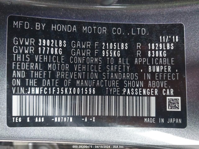 Honda CIVIC EX 2019 JHMFC1F35KX001596 Image 9