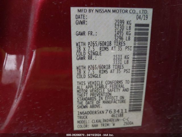 1N6AD0ER5KN763411 Nissan Frontier Sl