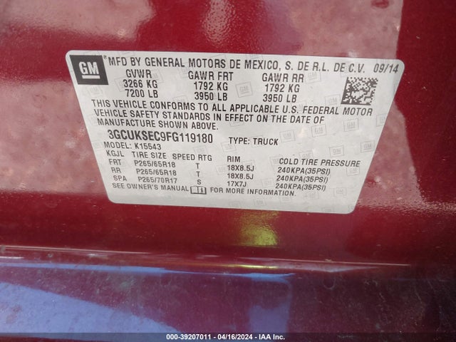 Chevrolet Silverado 1500 1lz 2015 3GCUKSEC9FG119180 Image 9