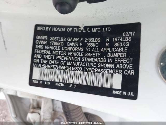 Honda CIVIC EX 2017 SHHFK7H55HU416800 Image 9