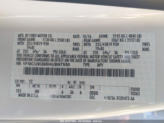 Ford ESCAPE SE 2017 1FMCU9G95HUB97550 Image 9