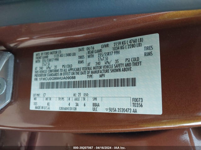 Ford ESCAPE SE 2017 1FMCU0G99HUA09088 Image 9