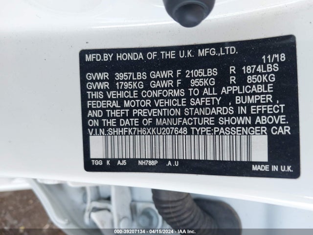Honda CIVIC EX 2019 SHHFK7H6XKU207648 Image 9