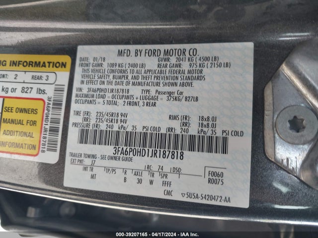 Ford FUSION SE 2018 3FA6P0HD1JR187818 Image 9